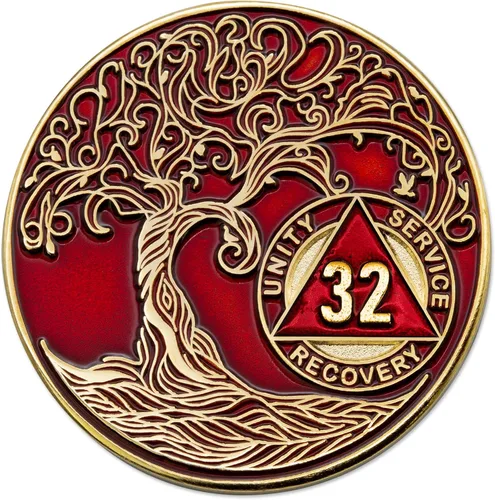 Vista 236 de 1 año Sobriety Mint Twisted Tree of Life Medallón de recuperación AA chapado en oro, chip/ficha - negro