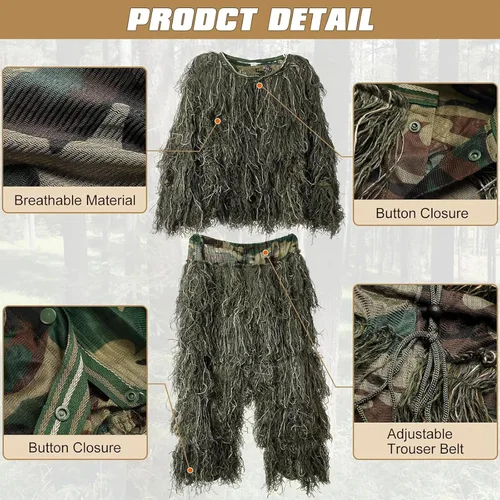 Vista 3 de DoCred Traje Ghillie 5 en 1, ropa de caza de camuflaje 3D con chaqueta, pantalones, capucha, bolsa de transporte para adultos/jóvenes, S/M/L/XL/XXL