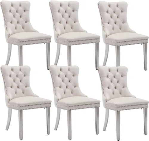Vista 60 de Juego de 2 sillas de comedor de terciopelo beige, modernas sillas de cocina tapizadas