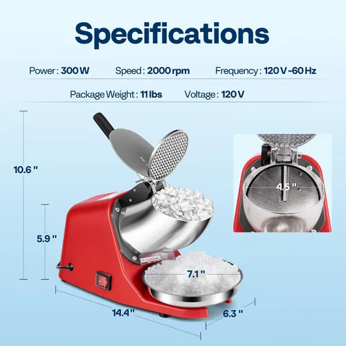 Vista 8 de VIVOHOME Picadora de Hielo Eléctrica Trituradora Máquina para Hacer Conos de Nieve Rojo 64.86 kg/hora con Palillo de Hielo para Uso Doméstico