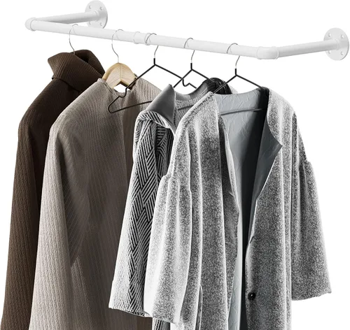 Vista 8 de Perchero industrial para ropa de tubería montado en la pared, resistente que ahorra espacio, barra de ropa desmontable multiusos para colgar, 24