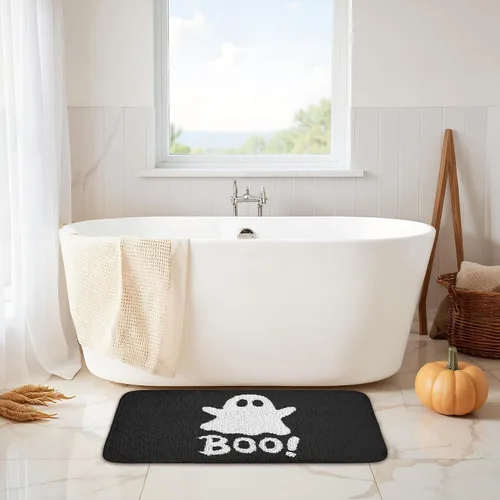 Vista 2 de Alfombra de baño negra de Halloween de 20 x 32 pulgadas, tapete de baño de fantasma, tapete antideslizante para baño, alfombra de baño suave