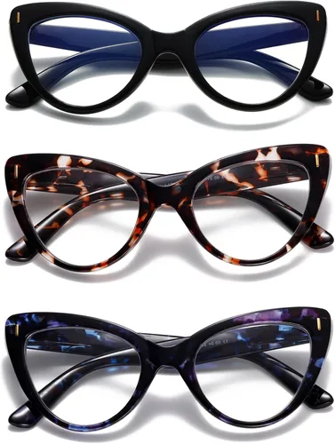 Vista 7 de Viseng Juego de 3 elegantes gafas de lectura con forma de ojo de gato para mujer con protección contra la luz azul (+0.0)