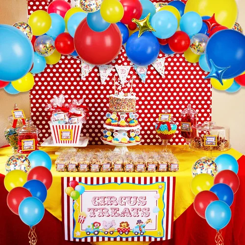 Vista 6 de JOYYPOP Kit de arco de globos de carnaval con 123 globos de confeti de látex de arcoíris rojo, azul, amarillo, para decoraciones de fiesta