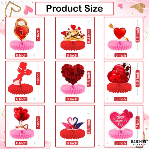 Vista 2 de KatchOn Centros de mesa rojos de San Valentín para mesas, paquete de 9 Centro de mesa de panal de San Valentín 3D, decoraciones de mesa