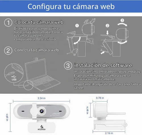 Vista 7 de NexiGo N660P - Cámara web 1080P de 60FPS con control de software, micrófono dual y cubierta, enfoque automático, cámara web USB HD para ordenador