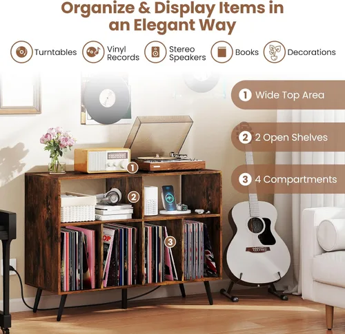 Vista 7 de GIANTEX Soporte grande para tocadiscos con estación de carga, soporte para tocadiscos con capacidad para hasta 300 álbumes, mesa de tocadiscos