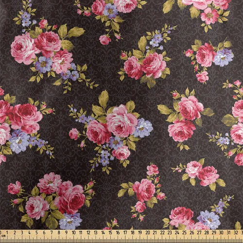 Vista 2 de Ambesonne Tela rosa de The Yard, patrón con ramillete y ramos antiguos femeninos inspirados en flores, tela de satén decorativa para textiles