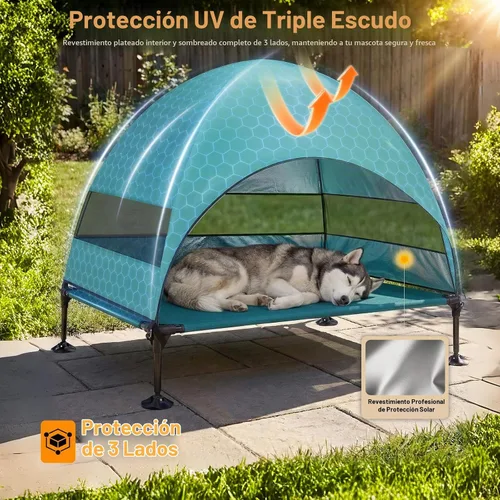 Vista 3 de Cama elevada para perros con toldo a prueba de rayos UV, tienda de campaña para perros al aire libre con potentes pies ajustables, cuna portátil