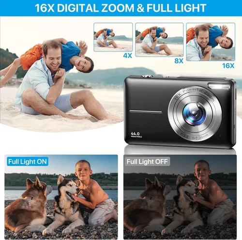 Vista 8 de Cámara digital, FHD 1080P apuntar y disparar cámara para niños, con tarjeta de 32 GB, sello de fecha antivibraciones con zoom 16X, compacto, Negro