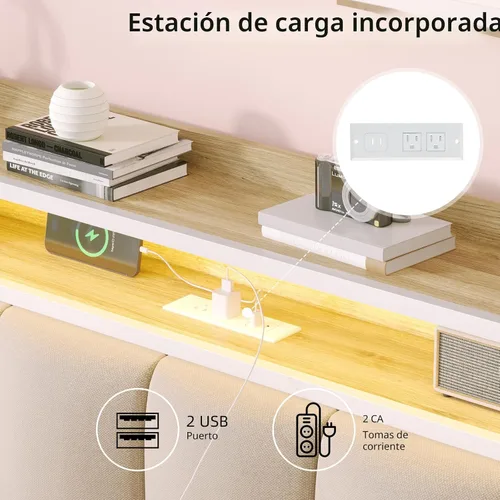 Vista 5 de IMMERSTABLE Base de cama individual con luces LED y estación de carga, cabecera de almacenamiento tapizada, plataforma de metal con listones