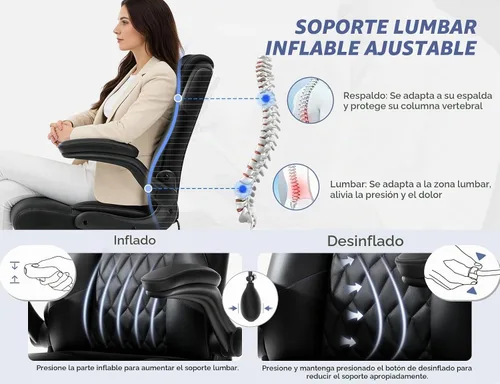 Vista 4 de Silla de oficina,Silla ejecutiva de escritorio para computadora,Negro Soporte lumbar inflable,Cuero PU suave,Reposabrazos