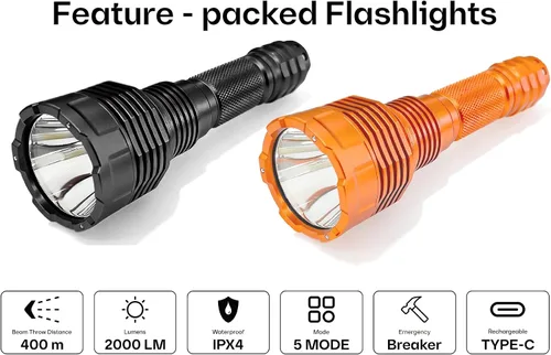 Vista 2 de Linterna táctica recargable de 2000 lúmenes con interruptor de cola, LED SST40, haz de punto e inundación, 2500 mAh, cabeza de loto con cuentas
