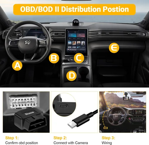 Vista 5 de Cable de alimentación OBD para cargador de cámara de tablero OBD2 a USB, 24 horas de vigilancia/modo Acc con botón de interruptor, adaptador