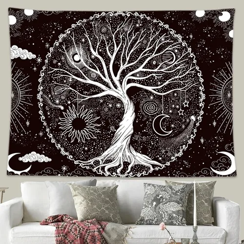 Vista 2 de Wonrizon Tapiz del árbol de la vida, tapiz espacial de galaxia en blanco y negro, decoración estética psicodélica para colgar en la pared para sala