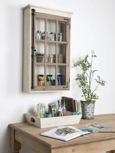 Vista 2 de Kate and Laurel Hutchins - Gabinete decorativo de pared de madera estilo granja con puerta de vidrio de panel de ventana, rústico y blanco