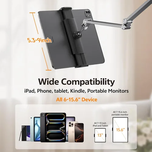 Vista 6 de LULULOOK Soporte para tablet iPad para escritorio, aluminio resistente giratorio de 360° y soporte plegable para Kindle para cama, soporte para iPad