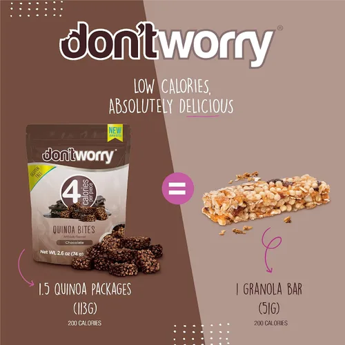 Vista 3 de Don't Worry Bocados orgánicos de quinua Sabor a nuez de chocolate y almendras Caramelo sin azúcar, 4 calorías por pieza, galletas cetogénicas