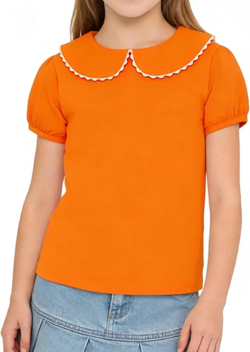 Vista 6 de LYSMuch Camisa básica de manga corta con cuello Peter Pan para niñas de 2 a 5 años, color liso