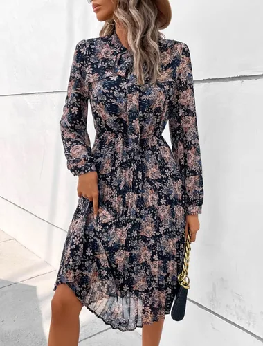 Vista 6 de HAOKEKE Vestido de gasa de manga larga para mujer, vestido de gasa retro con cuadrícula marrón, botones plisados, lazo hacia abajo, vestido de mujer