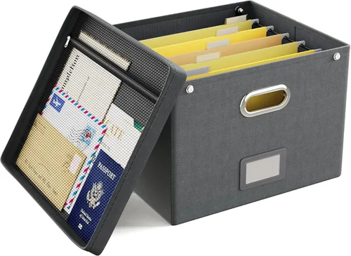 Vista 24 de Oterri Caja organizadora de archivos con tapa, caja de archivos colgante con bolsillo de malla, caja organizadora de documentos para archivos