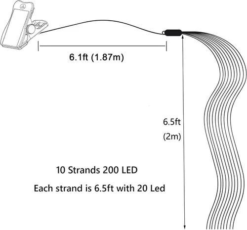 Vista 4 de 1 paquete de 8 modos de luces de cascada, luces solares de luciérnaga de 10 hebras, 200 luces LED impermeables de cascada (sin regadera) para Blanco