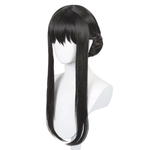 Vista 6 de Peluca larga de anime negro con flequillo y moño espina princesa asesina Peluca negra con moño