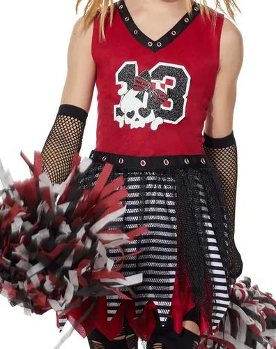 Vista 3 de Spirit Halloween Disfraz de animadora zombi para niños, uniforme de animadora, vestido de animadora espeluznante, falda roja y negra