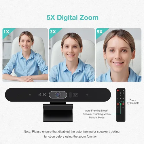 Vista 7 de Cámara de sala de conferencias de audio y video 4K Pro con control remoto para Windows TV, cámara web HD alimentada por IA con micrófono y altavoz
