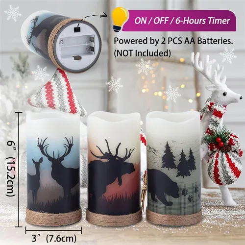 Vista 6 de CANDLE IDEA 3 piezas de velas de pilar de cera real operadas por batería con encantadores calcomanías de ciervo, alce y oso, velas LED sin llama