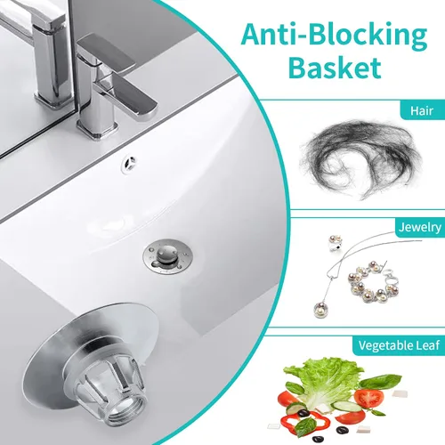 Vista 9 de Tapón para lavabo, colador de desagüe para lavabo de baño con colector de pelo, para orificio de desagüe de 1.04''~1.97'', cubierta de desagüe Cromo