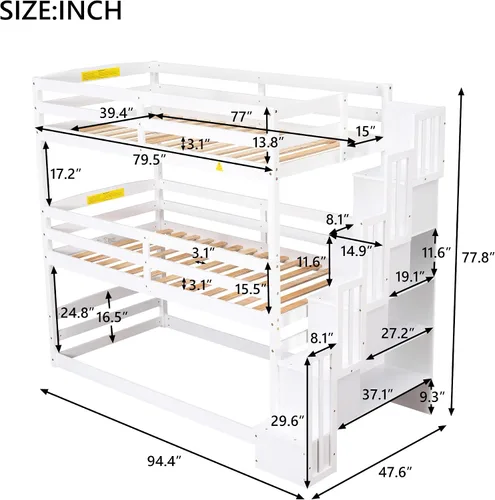 Vista 2 de Harper & Bright Designs Litera triple de madera con escalera de almacenamiento, literas de madera 3 camas en 1 para niños, cama triple desmontable