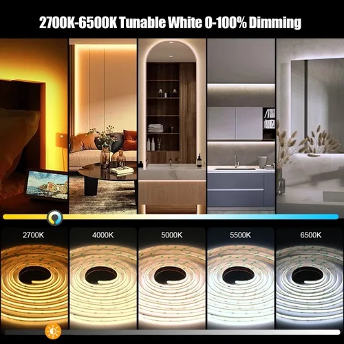 Vista 4 de Wefomey Tira de luz LED COB Blanco cálido a fresco 2700K-6500K, Tira de luz COB blanca brillante de 16.4 pies con control remoto y aplicación, 24V