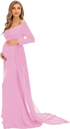 Vista 3 de ZIUMUDY Vestido de maternidad de manga larga con hombros descubiertos, vestido de gasa para sesión de fotos, baby shower