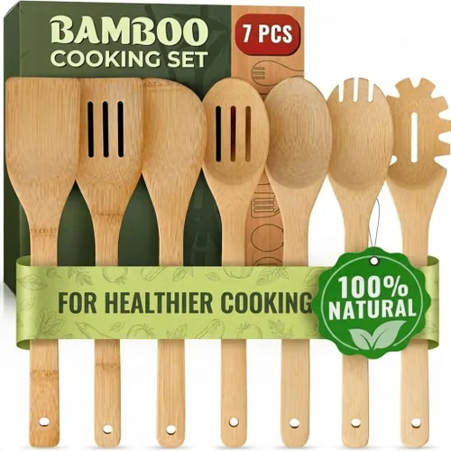 Vista 10 de Juego de utensilios de madera de bambú, 6 piezas, antiadherentes, seguros y resistentes al calor, utensilios de bambú para cocinar, fáciles