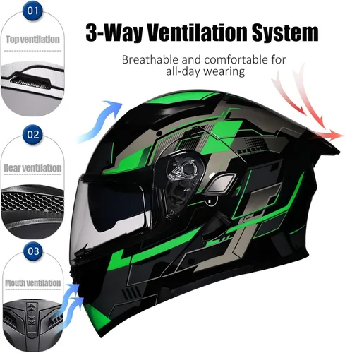 Vista 3 de Casco Modular Moto con Bluetooth Integrado, Doble Visera, Ventilación Múltiple, Forro Extraíble, ABS de Alta Densidad, DOT Homologado para Hombres