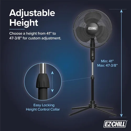 Vista 6 de EZ-Chill Ventilador de pie oscilante de 16 pulgadas, opciones de 3 velocidades, cabezal oscilante de 90 grados, altura y inclinación ajustables