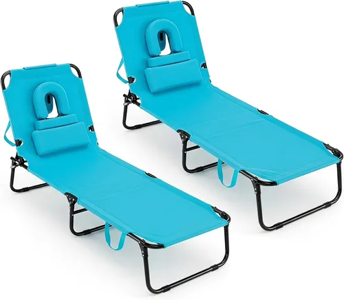 Vista 18 de GYMAX Silla de bronceado, silla de playa de 350 libras con agujero para la cara, almohada lavable y correa de transporte, tumbona plegable Ártico