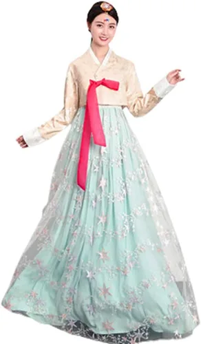 Vista 14 de Vestido Hanbok coreano tradicional coreano, ropa tradicional coreana, trajes nacionales coreanos Azul y verde