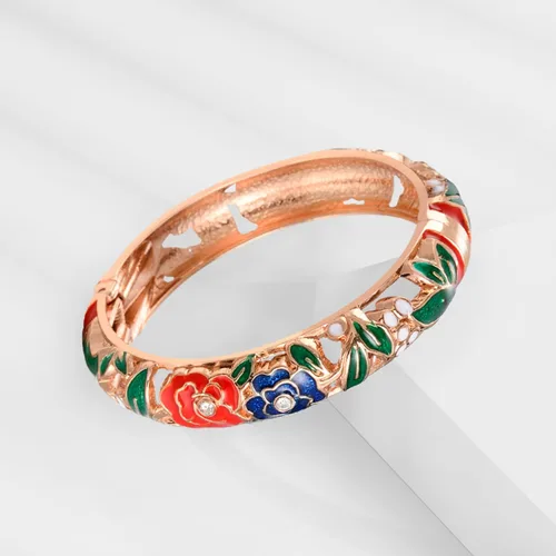 Vista 4 de UJOY Vintage Jewelry Cloisonne Artesanal Esmaltado Mariposa Flor Magnífica Rhinestone Oro Bisagra Brazalete Brazalete Brazaletes Regalos 88A09