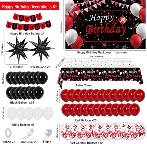 Vista 2 de Decoraciones de Cumpleaños Rojas para Hombres Mujeres Niños Niñas, 75 PCS Decoraciones de Fiesta Rojas y Negras Telón de Fondo Pancarta de Feliz