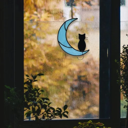 Vista 8 de Black Cat Decor On Moon Suncatcher Decoration,Cat Memorial Gifts for Cats Lovers Stained Glass Window Hangingt,Cats Loss Sympathy Gift,Pet Memorial