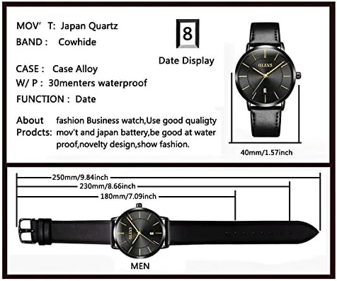 Vista 5 de OLEVS Reloj para hombre, de lujo, ligero, de cuero, impermeable, con movimiento japonés, para hombre, con fecha, calendario, minimalista, ultrafino