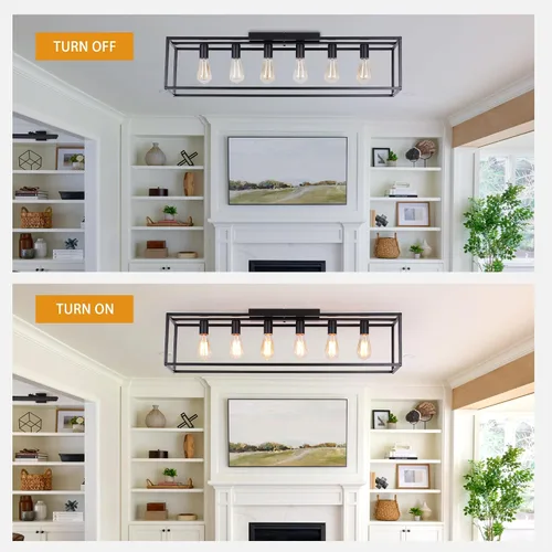 Vista 4 de Garwarm Lámpara de techo rectangular de montaje empotrado de 6 luces, lámpara de araña negra enjaulada de metal de 38 pulgadas, lámpara de techo