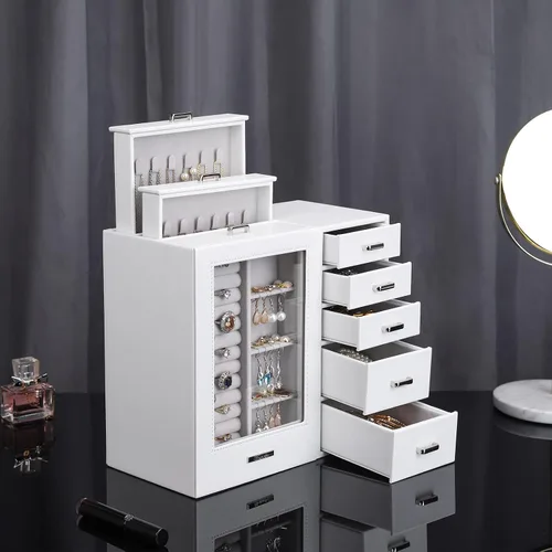 Vista 7 de Homde Joyero grande con ventana de cristal, cajones para collares, aretes, anillos, pulseras, relojes, regalo para mujeres y niñas