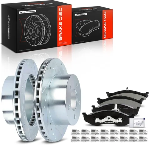 Vista 10 de A-Premium Rotores de freno de disco perforados y ranurados delanteros de 11.02 pulgadas (11.020 in) + kit de pastillas de cerámica compatible
