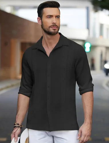 Vista 4 de COOFANDY Camisas cubanas para hombre, ajuste regular, casual, manga larga, con botones