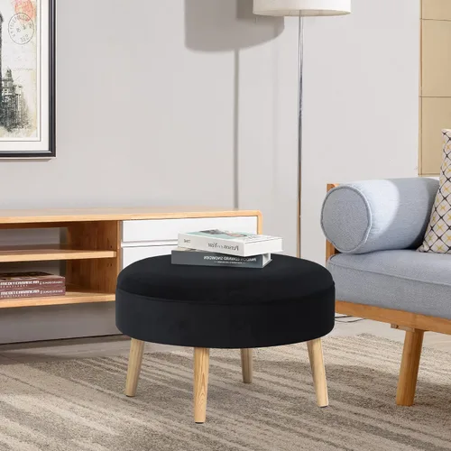 Vista 6 de Adeco Otomana redonda pequeña, otomana tapizada de terciopelo, con botones, reposapiés, asiento acolchado con patas de madera, moderno reposapiés