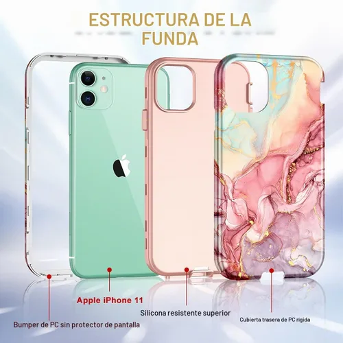 Vista 3 de CASEFIV Funda compatible con iPhone 11, patrón de mármol 3 en 1, resistente a prueba de golpes y caídas, cuerpo completo, policarbonato duro y A-oro