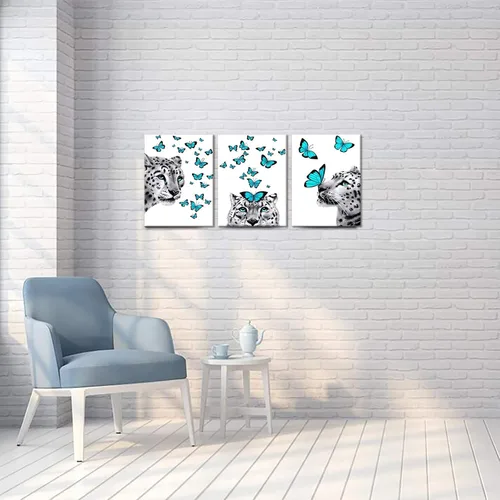 Vista 5 de Kalormore - Lienzo abstracto para pared, diseño de leopardo blanco y negro con mariposas